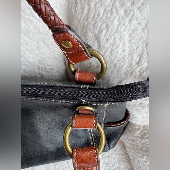 Fossil vintage brown Leather Shoulder Bag Satchel Purse Braided Handle - Picture 6 of 9